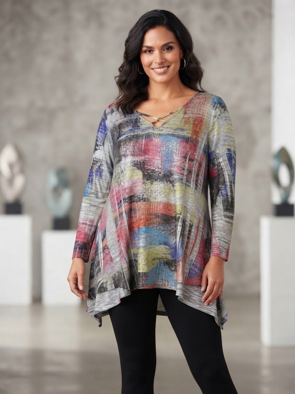 Women's Multicolor Abstract Print Tunic Top - Long Sleeve